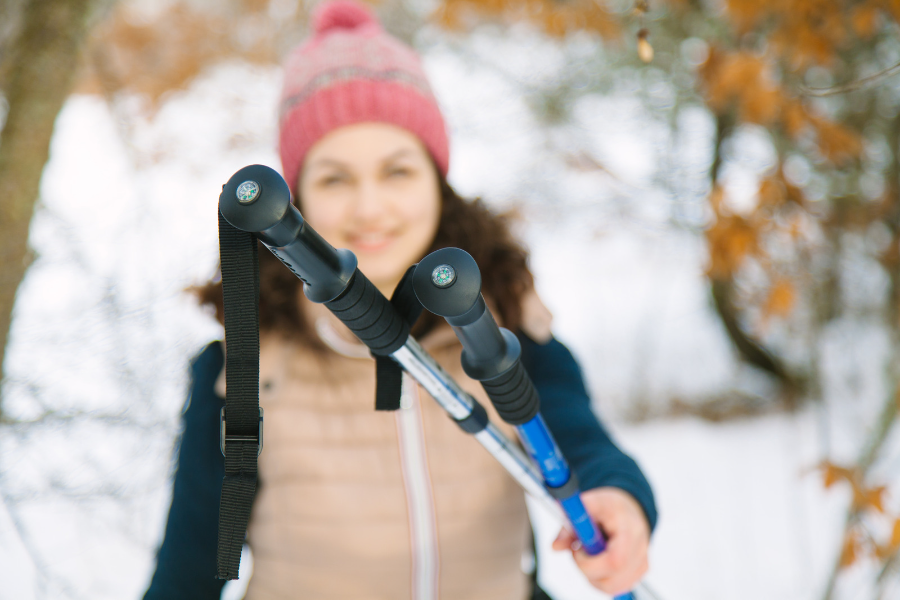 Womens Winter hiking kit list - walking poles close up